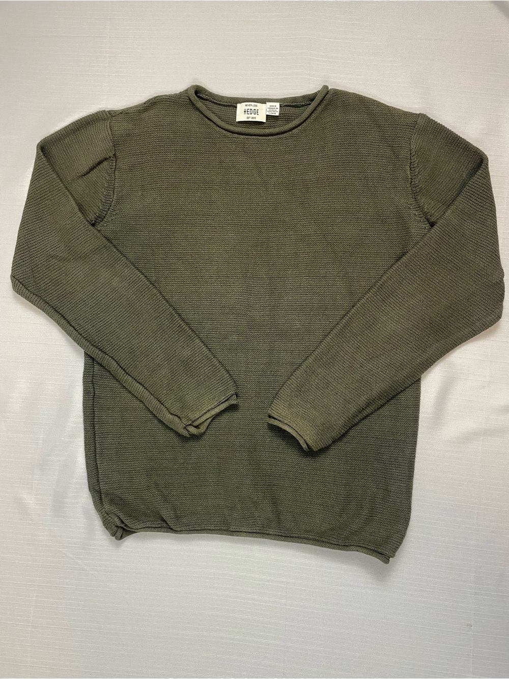 HEDGE Olive Green Ribbed Crewneck Knit Sweater - Men's Size Large